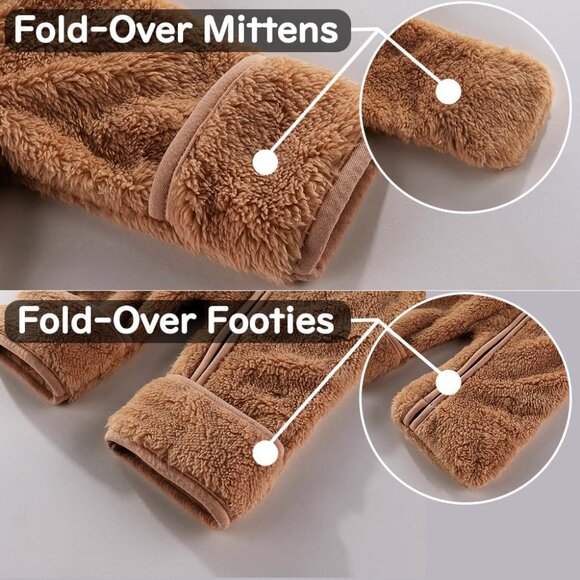 Newborn Baby Bear Outfit With Fold Over Mittens and Footies Girls Winter Fleece - Picture 2 of 7